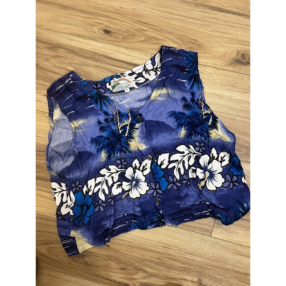 Paradise Found Blouse Wm Lg Blue Hawaiian Floral Cropped Boho Beach Vacation Y2K